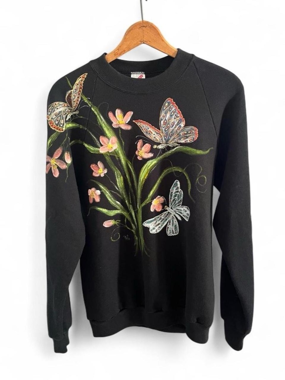 Vintage 90s Hand Painted Butterfly Dragonfly Jerzees Sweatshirt USA Large